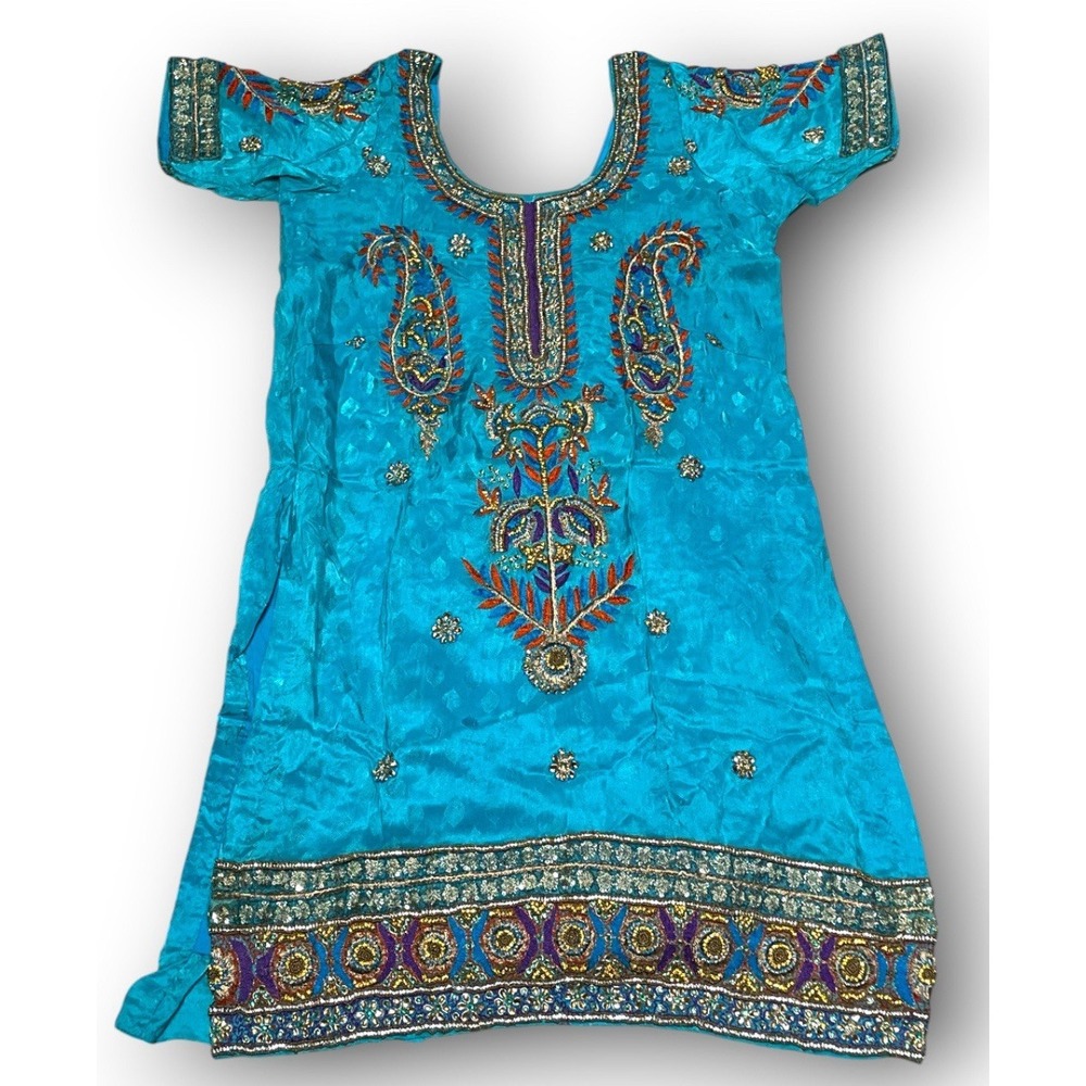Heavy Embellished Punjabi Kurti Aqua Blue Zardozi Stone Tunic Kameez 19x30 - Picture 2 of 12